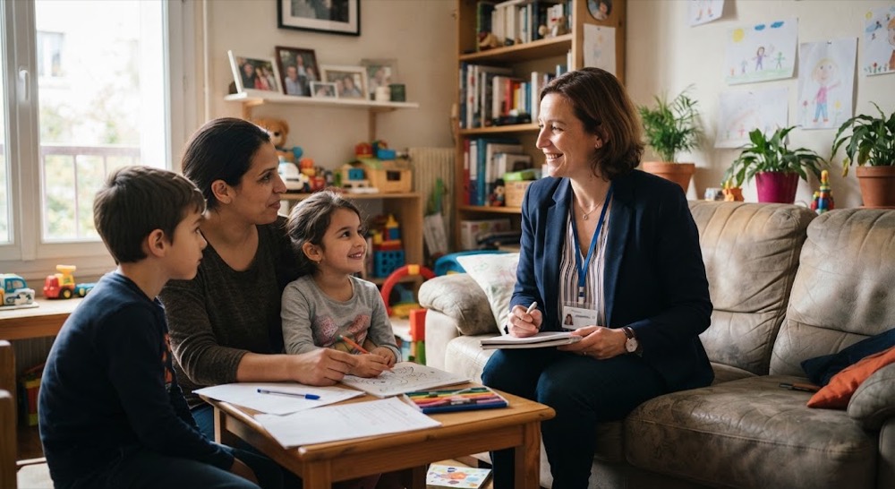 Une éducatrice en visite chez une mère et ses enfants, dans le cadre d'un suivi éducatif