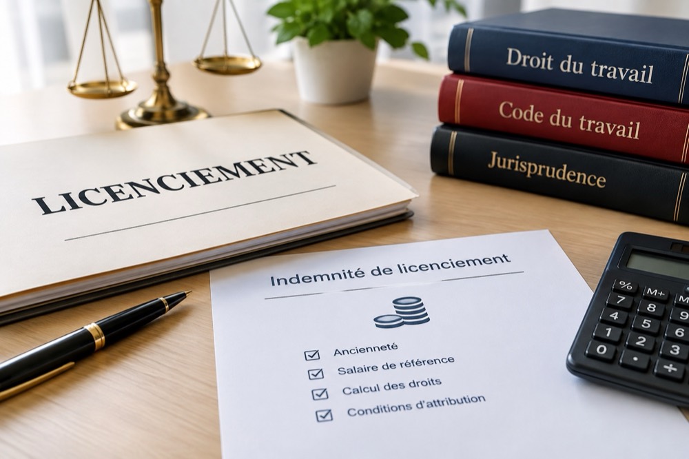 Dossier de licenciement, fiche de calcul de l'indemnité et calculatrice sur un bureau