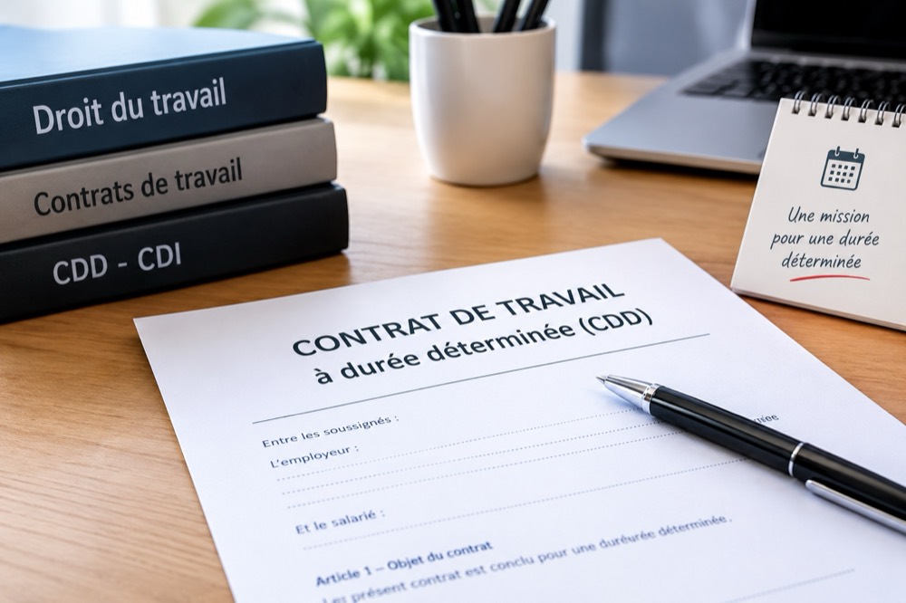 Un contrat de travail à durée déterminée posé sur un bureau, à côté d'ouvrages de droit du travail
