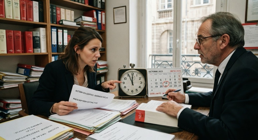 Une cliente et son avocat face à une date limite de prescription, réveil et calendrier sur le bureau