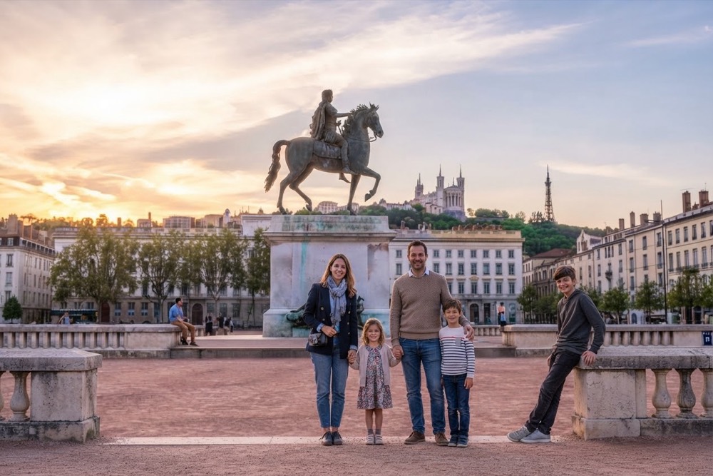 Une famille place Bellecour, à Lyon, au pied de la statue de Louis XIV