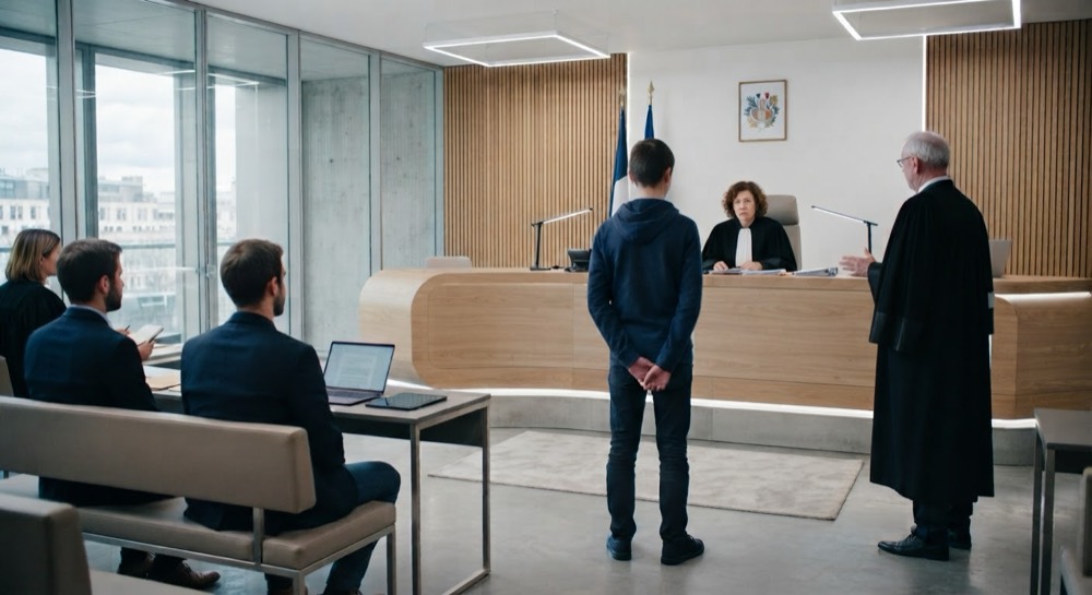Un adolescent debout devant la juge des enfants, aux côtés de son avocat