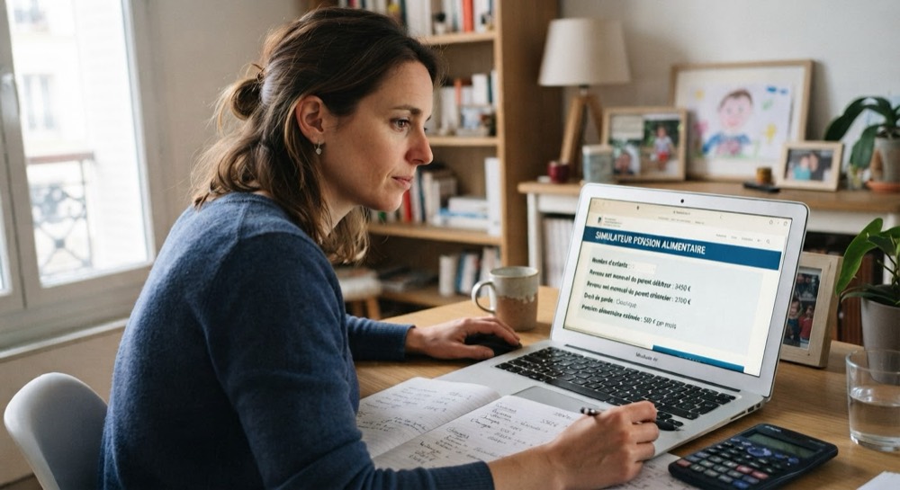 Une mère estime la pension alimentaire sur son ordinateur portable, à son domicile