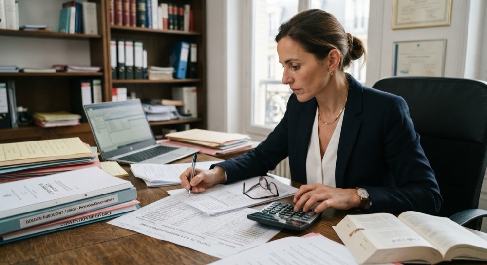 Une avocate calcule une prestation compensatoire à la calculatrice, entourée des dossiers de divorce
